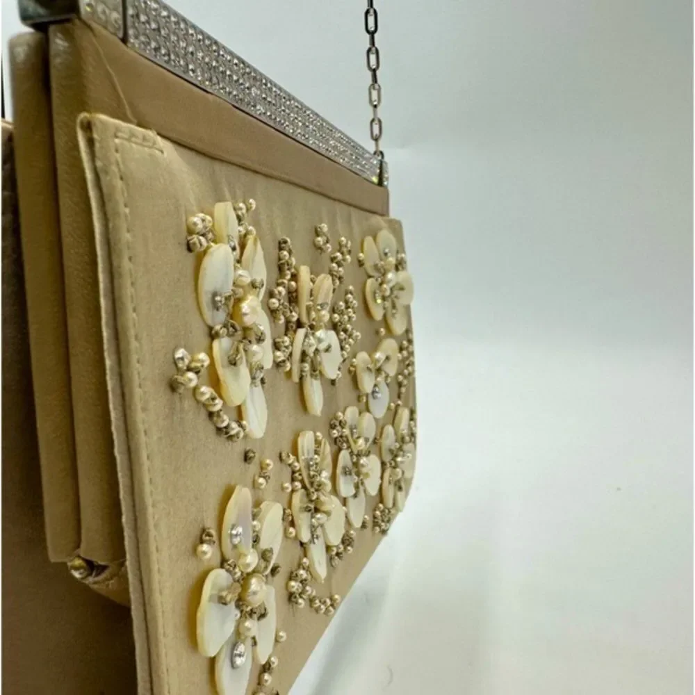 Auth Valentino Silk Floral Embroidered Crystal Framed Clutch Chain Evening Bag